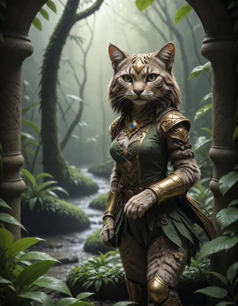a photo of a cute cat adventurer seeking for gold, lush jungle, overgrown ruins, undefined
