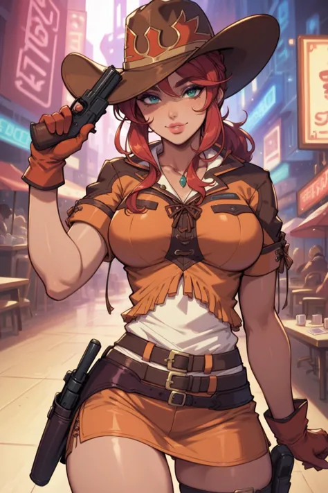 a woman in a cowboy outfit holding a gun and a hat