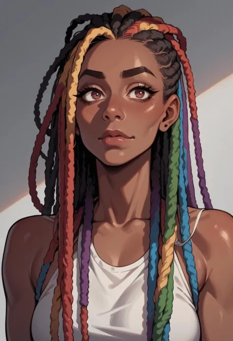 a woman with long braids and a white tank top