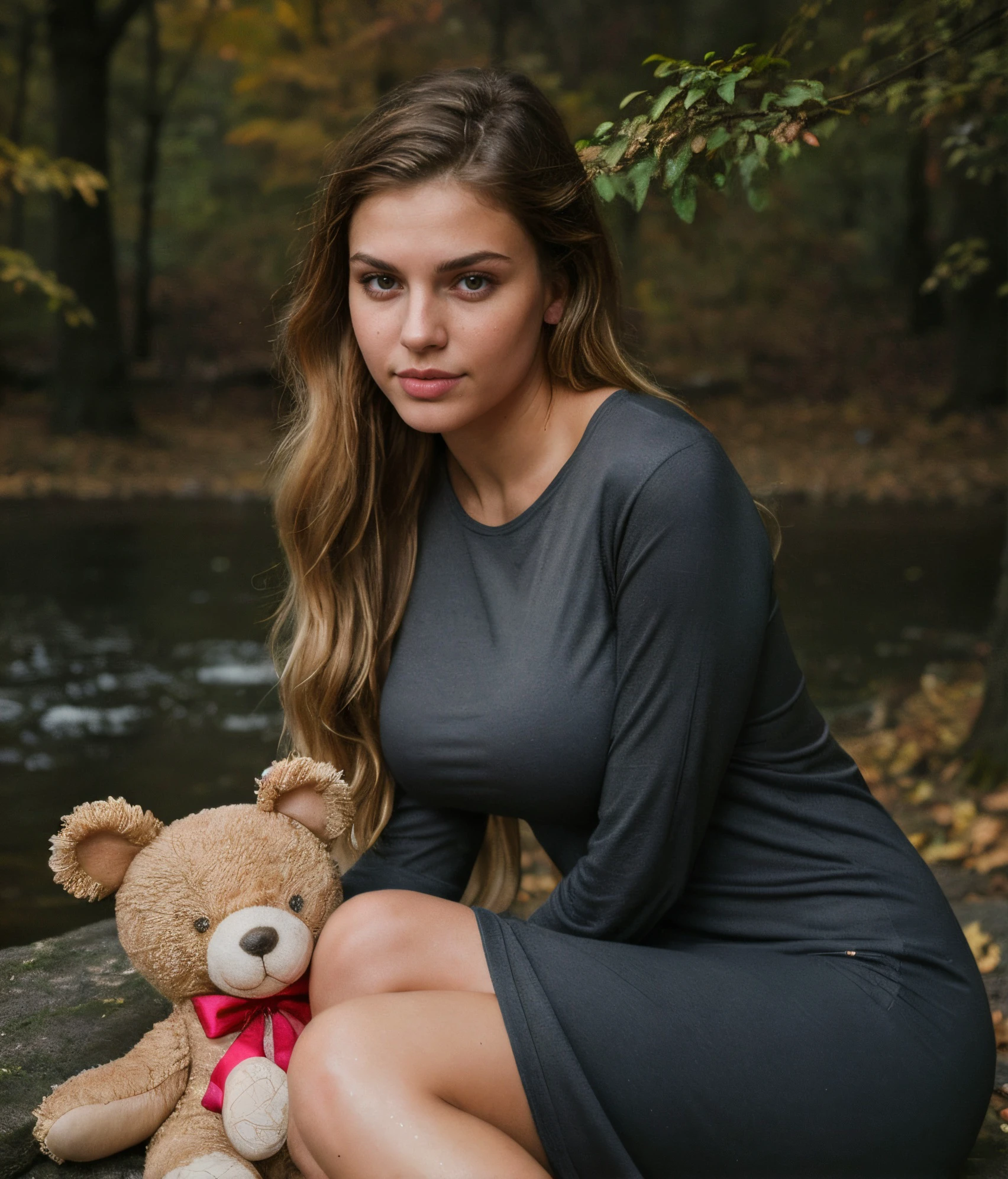 paparazzi caucasian fall foliage photo of adventurous, 21yo, (wearing long wet t-shirt), breasts exposed, perfect face, alluring eyes, full eye brows, [seductive makeup], skin pores, extra long glamorous wavy hair, (piercing:0.5), legs spread open, inside 90s flash photo, analogue photo, Holding a teddy bear or stuffed animal, This can be endearing and symbolize innocence and shyness, busty, detailed skin, 8k uhd, dslr, high quality, film grain, Fujifilm XT3 Knot braid