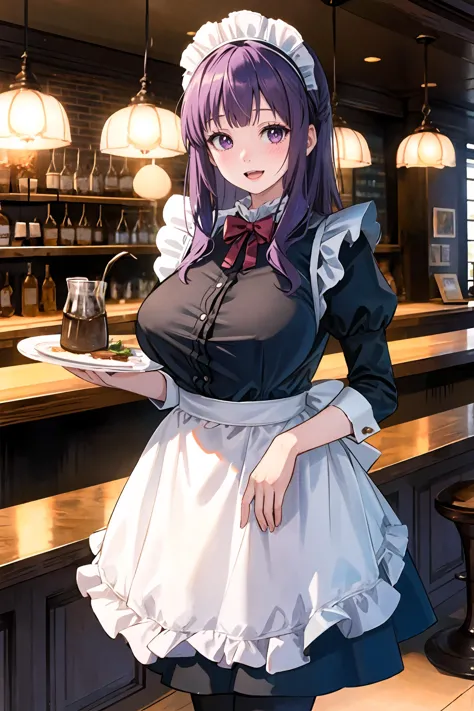 1girl, fern (sousou no frieren), solo, maid, maid headdress, maid apron, embarrassed, pantyhose, open mouth, blush, smile, open mouth, holding plate, looking at viewer, cowboy shot, bar \(place\), indoors, depth of field, <lora:Milf:0.8> milf, huge breasts, mature female masterpiece, best quality, masterpiece