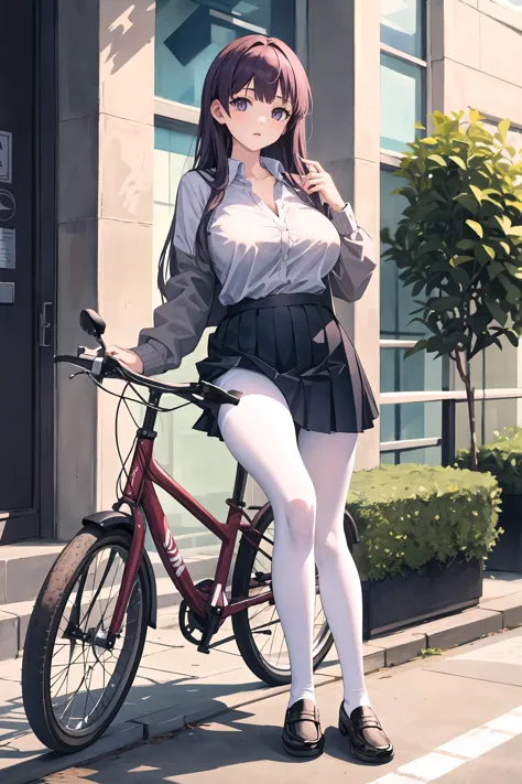 1girl, fern (sousou no frieren), solo,school uniform, white collared shirt, sweater, pleated skirt, pantyhose,bicycle,bag, looking at viewer,street,full body,depth of field,large breasts, mature female masterpiece, best quality, masterpiece <lora:Char-Fern:0.8>