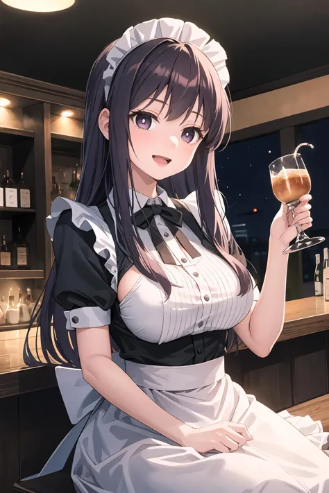 1girl, fern (sousou no frieren), solo,maid, maid headdress,  dark background,indoors,sit,drinking,bar,smile, open mouth,the upper part of the body,night,looking into the distance,depth of field,large breasts, mature female masterpiece, best quality, masterpiece <lora:Char-Fern:0.8>