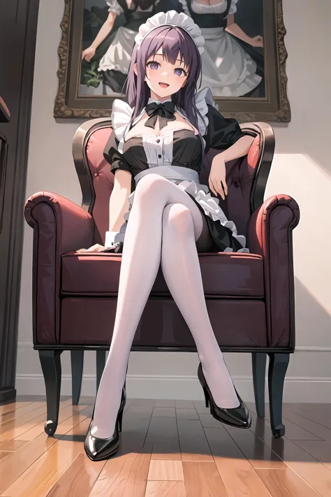 1girl, fern (sousou no frieren), solo,maid, maid headdress, pantyhose,crossed legs,sit,smile, open mouth,full body,looking into the distance,depth of field,large breasts, mature female masterpiece, best quality, masterpiece <lora:Char-Fern:0.8>