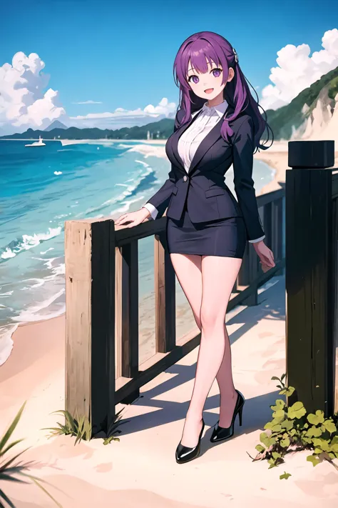 anime girl in a suit posing on a beach with a fence