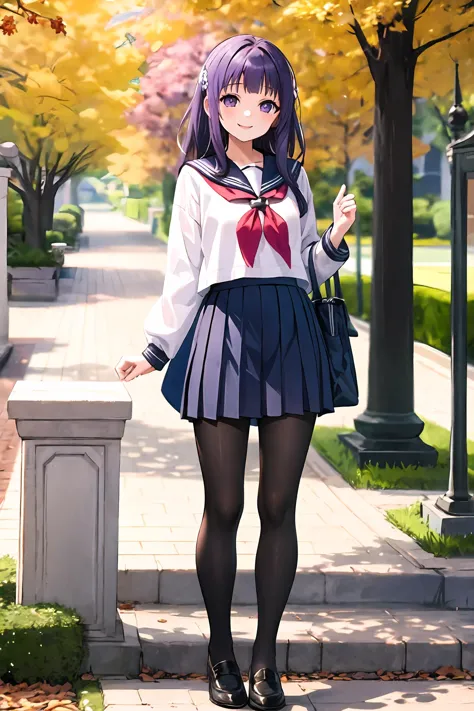 1girl,fern (sousou no frieren),solo,serafuku,sailor collar,pleated skirt,pantyhose,standing,full body,park,depth of field,masterpiece,smile,