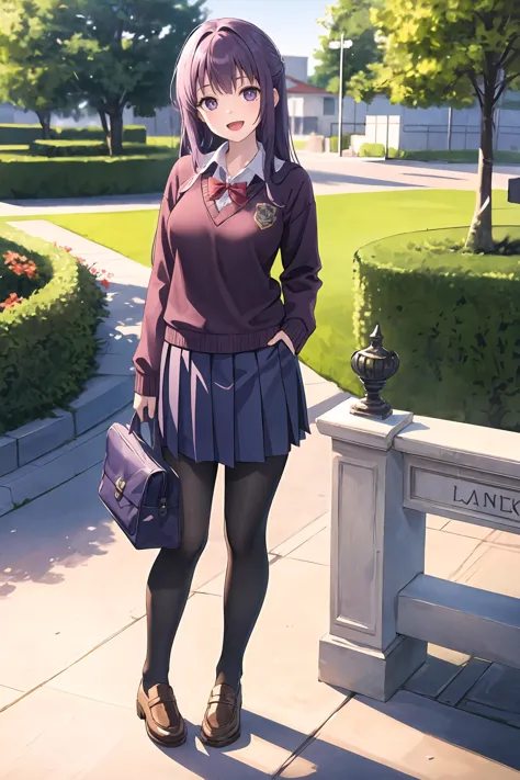 1fille,fougère (sousou pas de congélation),seulement,école uniform,chemise à col blanc,Pull-over,jupe plissée,collants,light sourire,double v,regarder le spectateur,sourire,bouche ouverte,En plein air,école,profondeur de champ,trentenaire,mature female chef-d&#39;œuvre,Meilleure qualité,chef-d&#39;œuvre,debout,tout le corps,