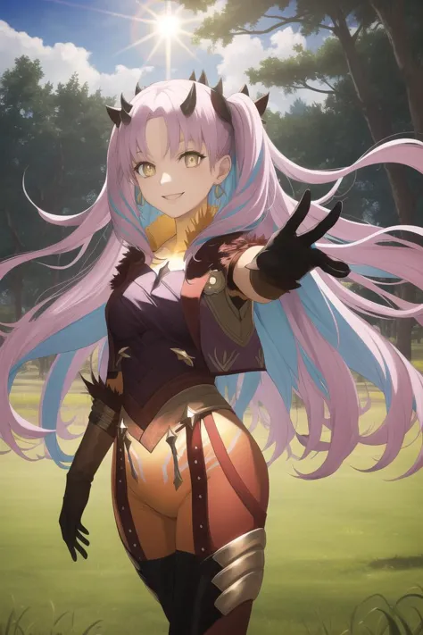 a woman with long pink hair and a sword in a field