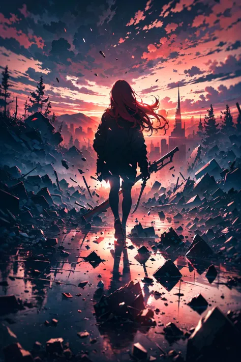(destruction:1.2), (1girl from behind, red long hair, holding giant weapon), HDR, depth of field, floating a lot of shards of br...