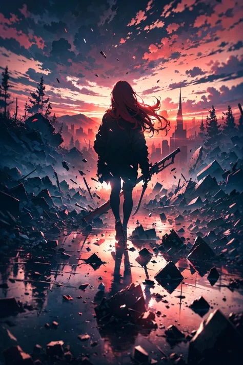 (destruction:1.2), (1girl from behind, red long hair, holding giant weapon), HDR, depth of field, floating a lot of shards of broken glass, (cinematic light, high contrast), wilderness, red sky, swirling clouds, (beautiful fantastic landscape),