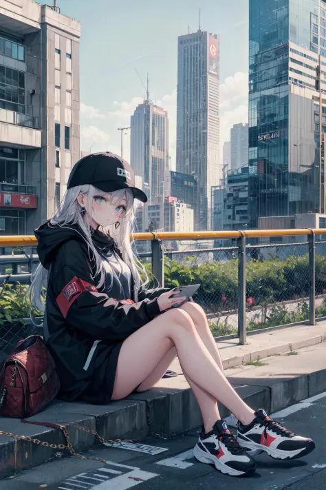 skyscraper, building, city, cityscape, hat, earrings, baseball_cap, 1girl, long_hair, jacket, chain-link_fence, hood, bridge, so...