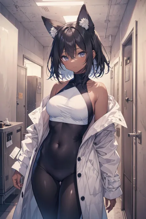 standing dark_skin 1girl, looking at viewer, closed mouth, (black medium hair), fox_ears, front opening oversized white coat, ba...