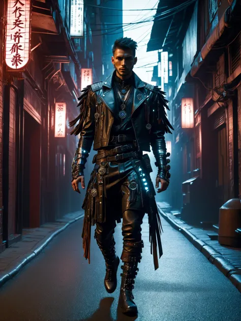 a man in a leather outfit walking down a street