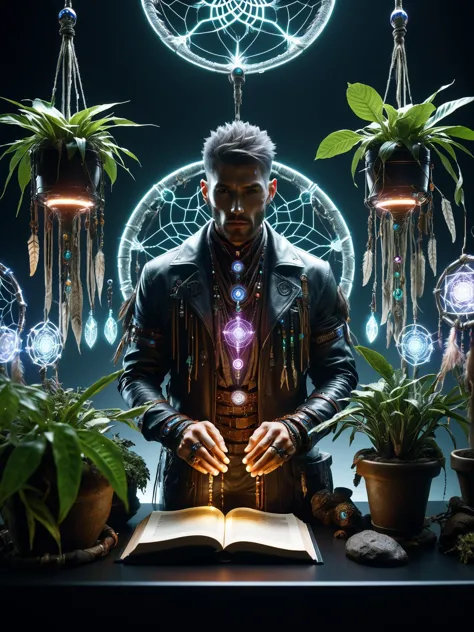 a man in a leather jacket standing in front of a table with plants and a book