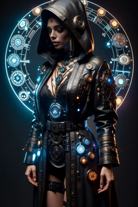 a woman in a black outfit and hoodie with a glowing circle