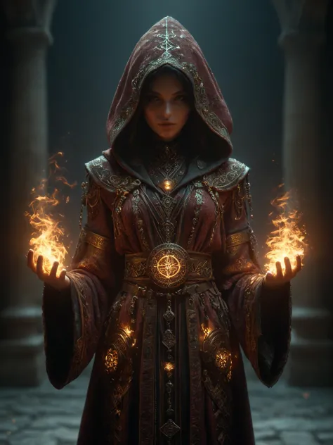 a woman in a hoodedie holding fire in her hands