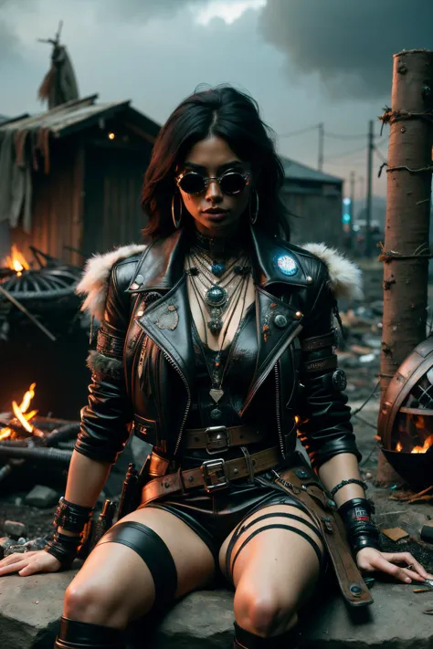 a woman in a leather outfit sitting on a rock next to a fire