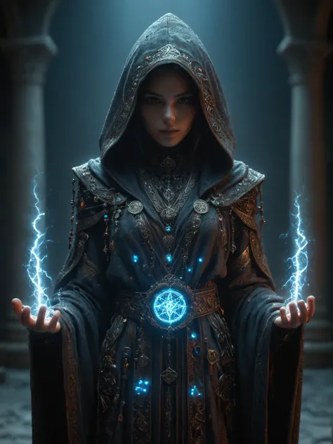 a woman in a black robe holding a glowing orb