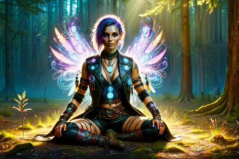 woman, cyberpunk, cybershaman sitting crossleg on clearing in the forest,(mystical stones:1.2), pattern in the dirt, leather vest with feathers and ornament, translucent arcane swirls in the air, bag with magic items, dust, light rays <lora:Cyberpunk_Techno-Mages_SDXL:0.9> <lora:DonMW15pXL:0.7> DonMW15pXL, <lora:EnvyBetterHiresFixXL01:1>, masterpiece, best quality, ultra high res, (photorealistic, realistic:1.2), deep shadow, raw photo, film grain, Fujifilm XT3, 8k uhd, dslr