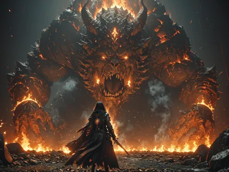 a man standing in front of a giant demonic creature in a dark room