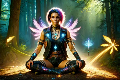 a woman sitting in the middle of a forest with her eyes closed and wings on her chest