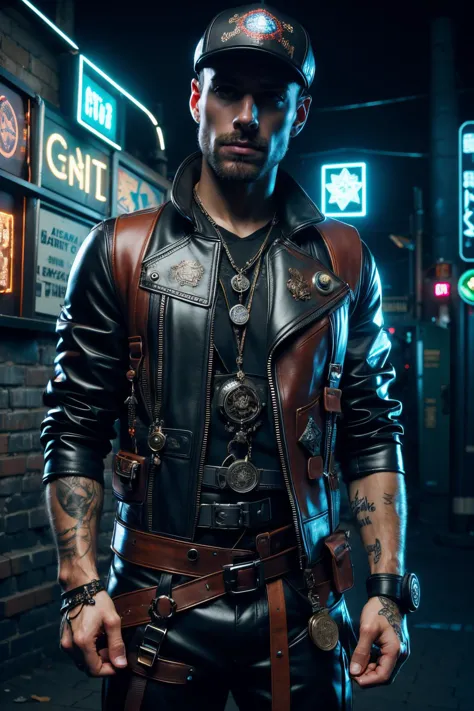 man, streetmage, vest, flatcap, talismans, magic runes, casting magic spell, fire spell, cyberpunk, (neon signs, dark alley:1.2), garbage, dirt,  <lora:Neon_Cyberpunk_SD1.5_Techno_Mages:0.8>, masterpiece, best quality, ultra high res, (photorealistic, realistic:1.2), deep shadow, raw photo, film grain, Fujifilm XT3, 8k uhd, dslr