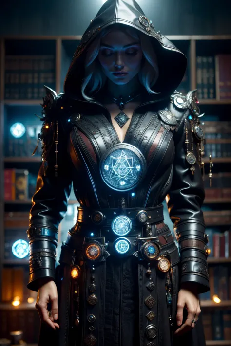 woman, hermeticwizard, intricately ornated hooded runes, talismans, cyberpunk, (magic circle, dark library:1.4) <lora:Neon_Cyberpunk_SD1.5_Techno_Mages:0.8>, masterpiece, best quality, ultra high res, (photorealistic, realistic:1.2), deep shadow, raw photo, film grain, Fujifilm XT3, 8k uhd, dslr