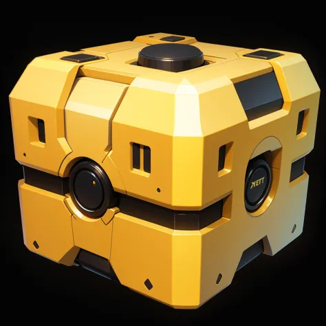 Mechanical box, black background, cube, metal texture, no human, sci-fi style, simple background, still life, metal object wrapped, yellow box<lora:game box:0.8>