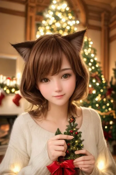 fair skin. Exquisite face.
Christmas atmosphere.
Gorgeous Christmas tree.
romantic lighting.
Merry Christmas.
cute cat girl.