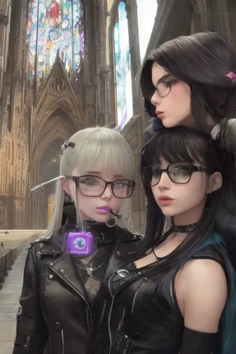 goth girl on glasses, cathedral and together with a girl that has cyberpunk clothes smoking a cigarette