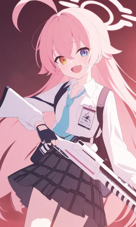 red_theme anime_girl_with_pink_hair_and_blue_eyes_holding_a_gun 1girl hoshino_\(blue_archive\) gloves solo heterochromia halo pink_hair id_card fingerless_gloves necktie weapon long_hair shirt blue_necktie blue_eyes shotgun black_gloves ahoge gun white_shi...