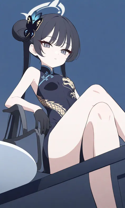kisaki_\(blue_archive\) chinese_dragon anime_girl_in_a_black_dress_sitting_on_a_blue_surface telegram_sticker from_below traditional_chinese_art dark_blue_hair best_quality newest 1girl gloves solo china_dress dress black_gloves chinese_clothes hair_bun cr...