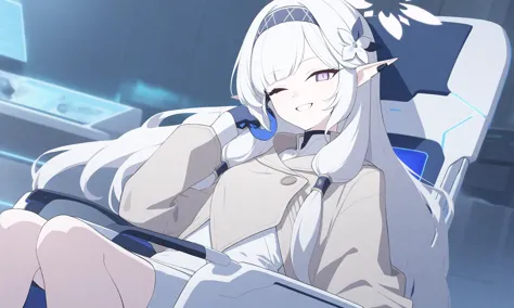 blue_theme himari_\(blue_archive\) nime_girl_sitting_in_a_chair_with_headphones_on elven_character_with_smirk in_futuristic_laboratory_room white_tunic hacking_into_the_mainframe indoors 1girl solo long_hair wheelchair pointy_ears one_eye_closed flower hai...
