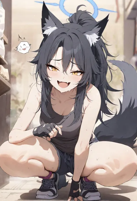 masterpiece, 1 girl, half moon halo, squatting, black hair, messy hair, long hair, ponytail, wolf ears, wolf tail, shorts, tank top, vest, fingerless gloves, open mouth, fang, smile, tail wagging, looking at viewer