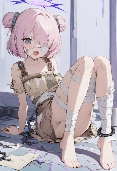 masterpiece, 1 girl, purple lightning halo, pink hair, short hair, sidebuns, patchwork clothes, shackles, brown sundress, bandages, medical eyepatch, bandages on legs, bare legs, barefoot, ^o^, grey eyes, looking at viewer,