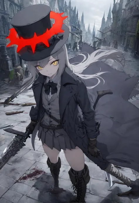 masterpiece, 1 girl, thorns spikes halo, hunter \(bloodborne\), top hat, long hair, gray hair, yellow eyes, coat, gloves, school uniform, boots, outdoors, gothic, city, gunblade, looking at viewer, close-up,