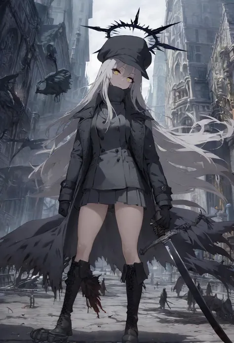 masterpiece, 1 girl, sword halo, hunter \(bloodborne\), hat, long hair, gray hair, yellow eyes, coat, gloves, turtleneck, school uniform, boots, outdoors, gothic, city, gunblade, looking at viewer,