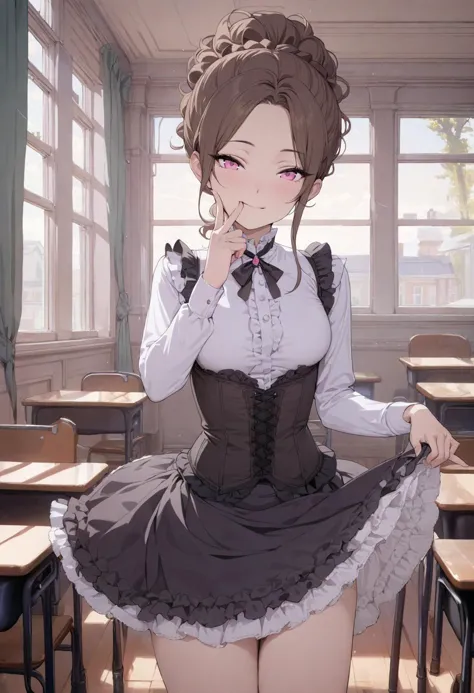 (masterpiece, best quality:1.2), 1girl, solo, long hair, brown hair, hair up, pink eyes, smile, medium breasts, white shirt, long sleeves. frills, black skirt, white petticoat. black corset, finger on face, cowboy shot, indoors, full body, victorian, class...