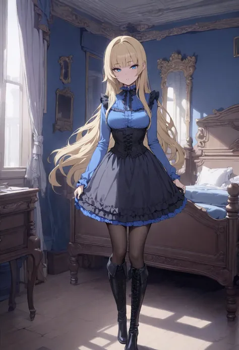 (masterpiece, best quality:1.2), 1girl, solo, long hair, blonde hair, pointy sidebangs, blue eyes, looking at the viewer, blue shirt, long sleeves. frills, black skirt, blue petticoat. black corset, pantythose, boots, standing, cowboy shot, full body, indo...