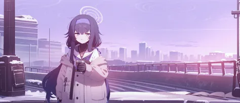 best quality, masterpiece, purple theme, snow, pedestrian bridge, sky, sunrise, (cityscape:1.1), (crowd:1.1), 
1girl, solo, <lor...