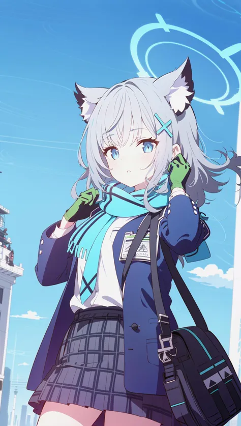 <lora:abydosV1:0.8> 1girl solo shiroko_\(blue_archive\) animal_ears solo scarf bag skirt halo grey_hair school_uniform gloves bl...