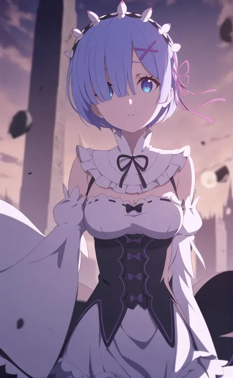 1girl solo 1girl, rem \(re:zero\), re:zero kara hajimeru isekai seikatsu corset ivory tower blue moon wasteland-highres absurdre...