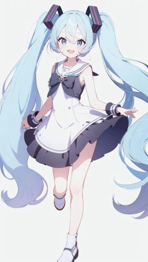 1girl solo twintails hatsune_miku long_hair white_footwear blue_eyes smile white_background blue_hair very_long_hair simple_background wrist_cuffs sleeveless :d looking_at_viewer blue_sailor_collar dress bangs frills standing_on_one_leg sailor_collar stand...