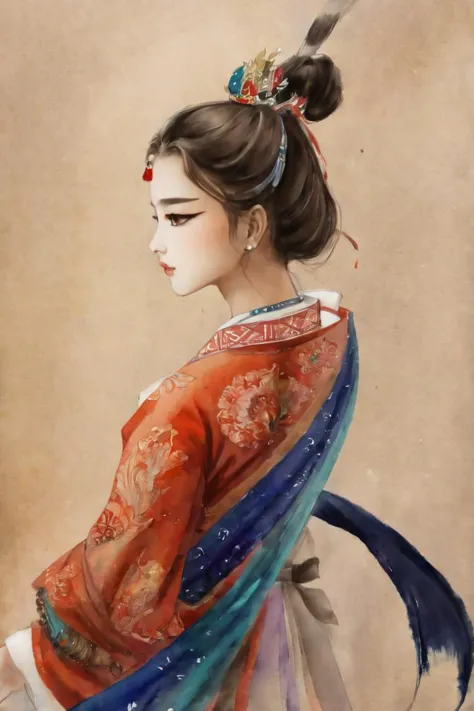 a painting of a woman in a kimono with a feather