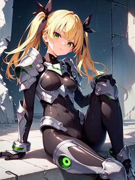 score_9, score_8_up, score_7_up, score_6_up, score_5_up, score_4_up, source_anime, screenshots, kikoru, 1girl, blonde hair, twintails, green eyes, hair ribbon, black ribbon, bangs, bodysuit, armor, sitting, light and shadow