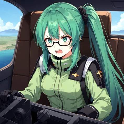 score_9, score_8_up, score_8, solo, <lora:EEF_Pilot_Mobile_Suit_Gundam_Pony_SDXL:0.8>, eff pilot, sitting in cockpit, green flightsuit, kagura suzu, 1girl, virtual youtuber, long hair, very long hair, green hair, side ponytail, green eyes, medium breasts, hair scrunchie, black scrunchie, black-framed eyewear, under-rim eyewear ,<lora:suzuKagura_XL-Pony_LoRA-C3Lier_16-16-8-8_AdamW_Un3e-4_Te1.5e-4_10batch:0.9>,screaming,open mouth,angry,looking at another,