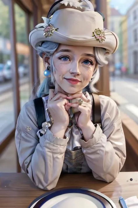 a close up of a person sitting at a table with a plate