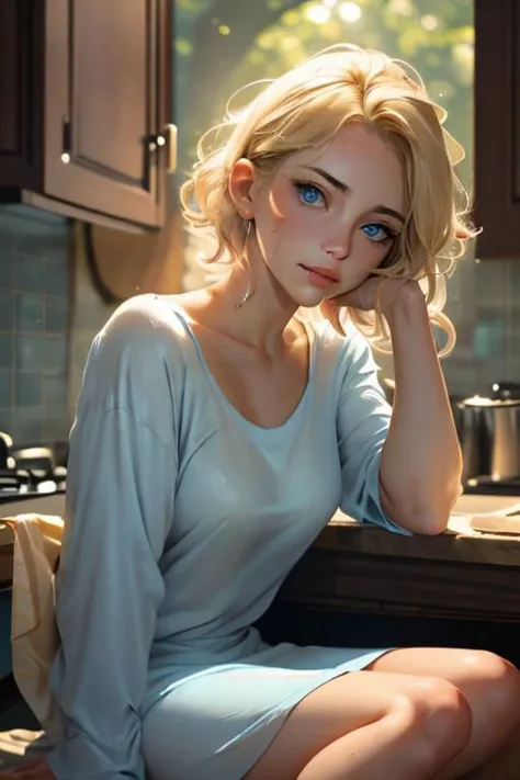 blonde woman sitting on counter in kitchen with blue eyes