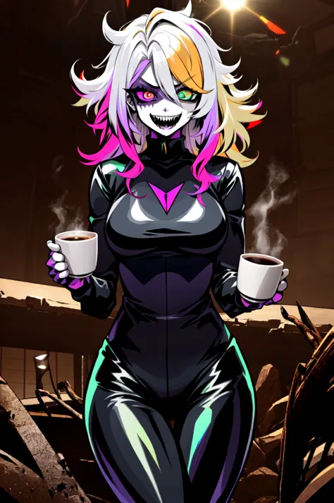 a cartoon image of a woman in a black outfit holding a cup