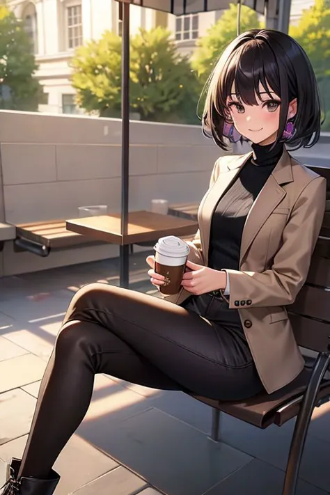 (highest quality, hight resolution, masterpiece:1.3) solo, girl, hazel eyes, tsurime, black and very short hair, large breasts, detailed skin, BREAK (gray double tailored jacket), turtleneck shirts, Tweed Bermuda shorts, black shoulder bag, black high-heeled long boots, cafe, sitting, crossed legs, smile, drink coffee, HoldingACupofCoffee, cowboy shot, little smile